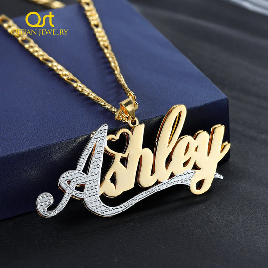 Qitian Custom Double Layer 18K Gold Plated Name Necklace For Women Personalized Stainless Steel Names Pendant Chain Jewelry Gift