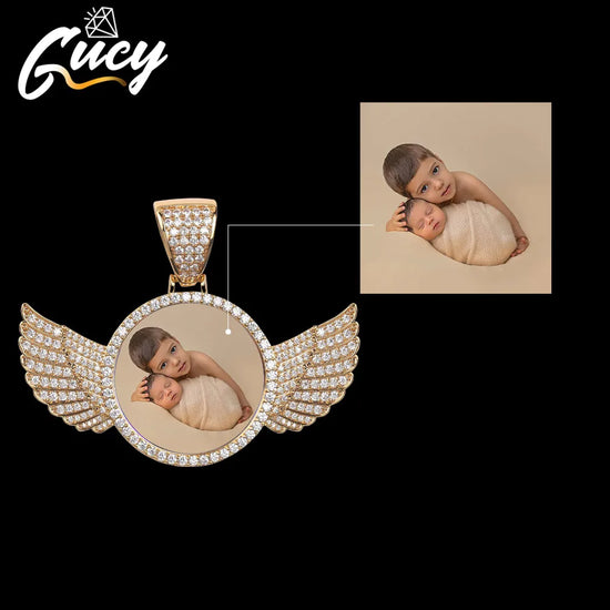 GUCY Custom Made Photo With Sngel Wings Necklace & Pendant 4mm Tennis Chain Cubic Zircon Men&
