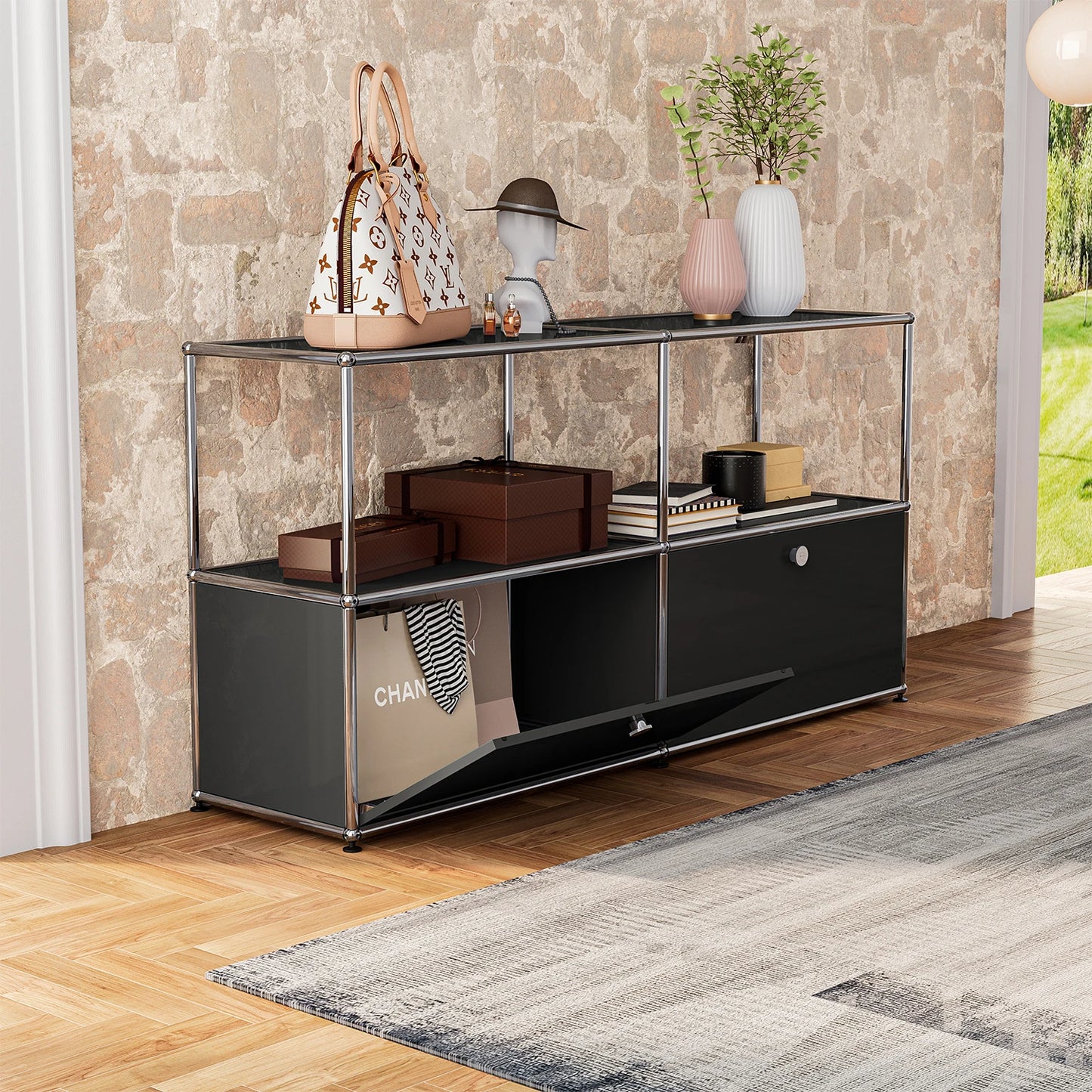 Storage Cabinet With Drawers Stainless Steel Structure with Door for Living Room Furniture Haller -No Keys