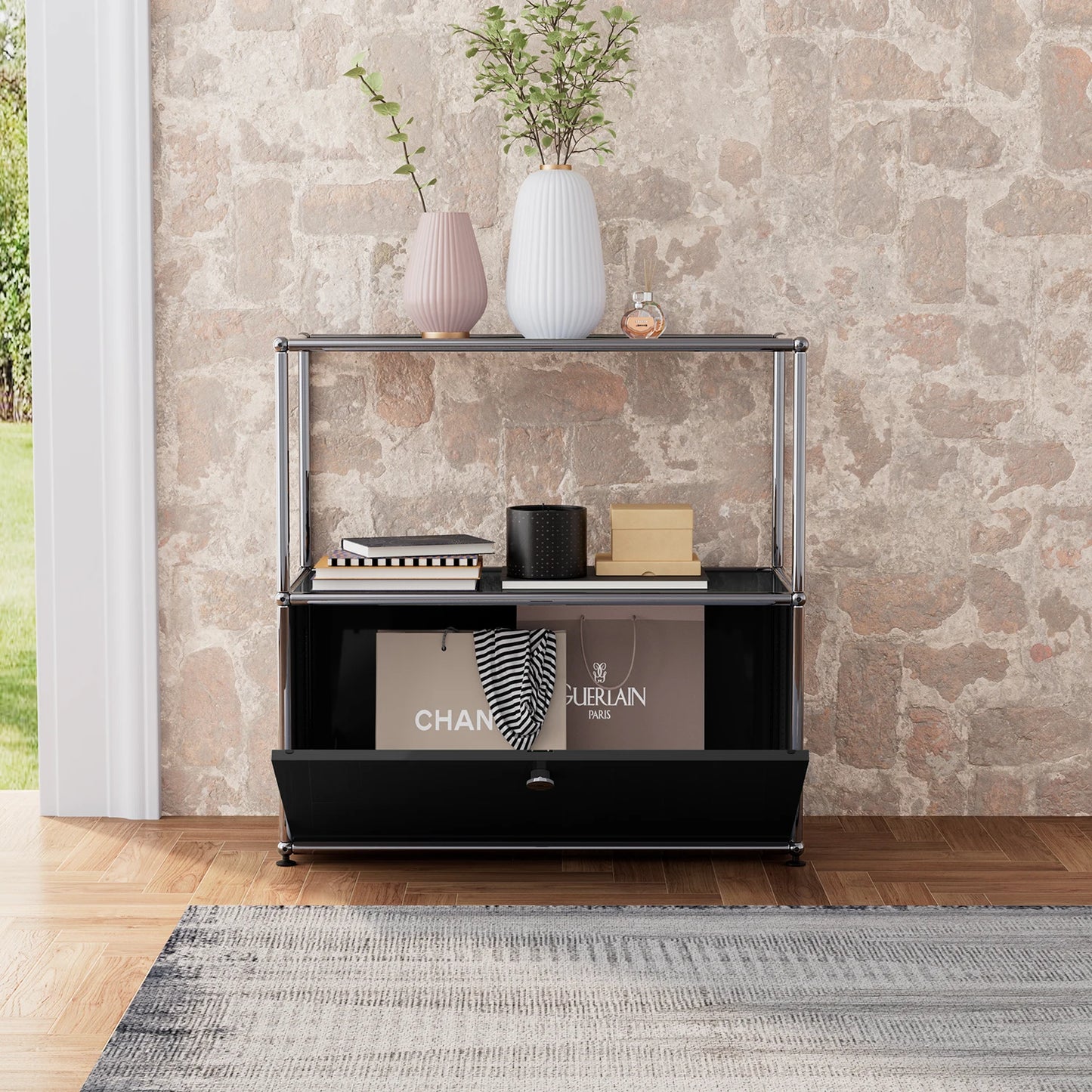 Storage Cabinet With Drawers Stainless Steel Structure with Door for Living Room Furniture Haller -No Keys