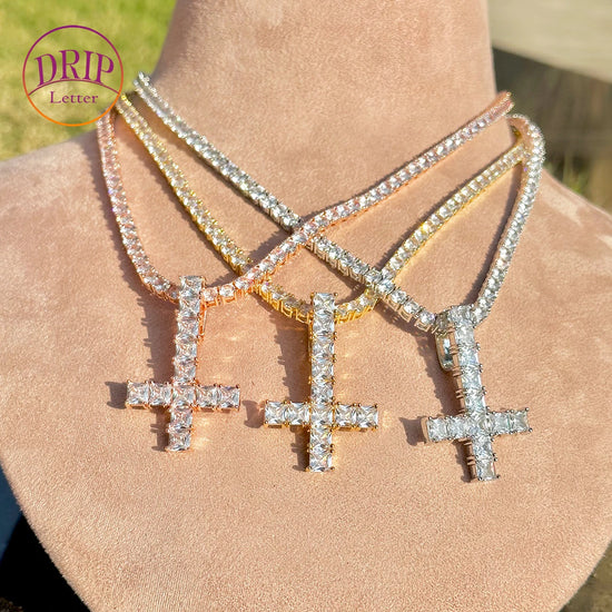 Drip Letter Cross Pendant Necklace Hip Hop Jewelry for Men AAAAA Cubic Zirconia