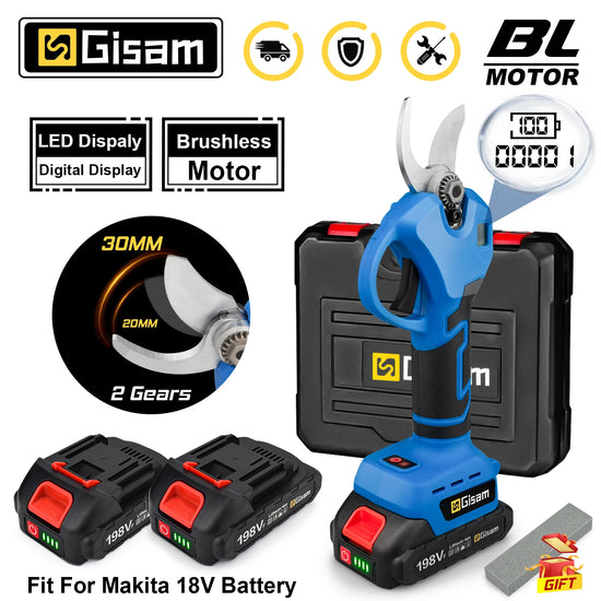 Gisam 30mm 2 Gear Brushless Cordless Pruner Shear Efficient Fruit Tree Bonsai Pruning Branches Cutter for Makita 18V Battery Pin