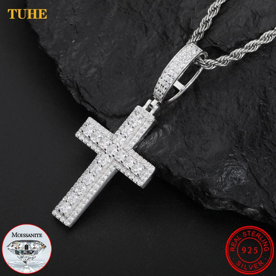 Unisex Iced Out Moissanite Hip Hop Cross Pendant Necklace 925 Sterling Silver Color  For Women Charm Fine Jewelry