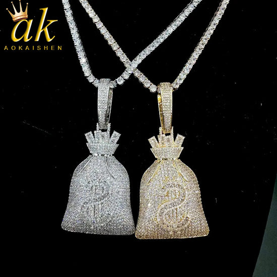 Aokaishen Money Bag Pendant Gold Color Bling Cubic Zircon Men&