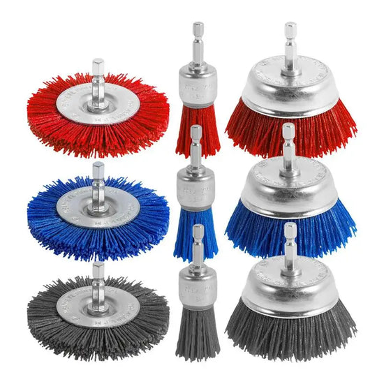 Abrasive Wire Brush Wheel Nylon Filament Drill Wheel Cup Brush Versatile Abrasive Brushes 1/4 Inch Hex Shank 9-Piece Set For